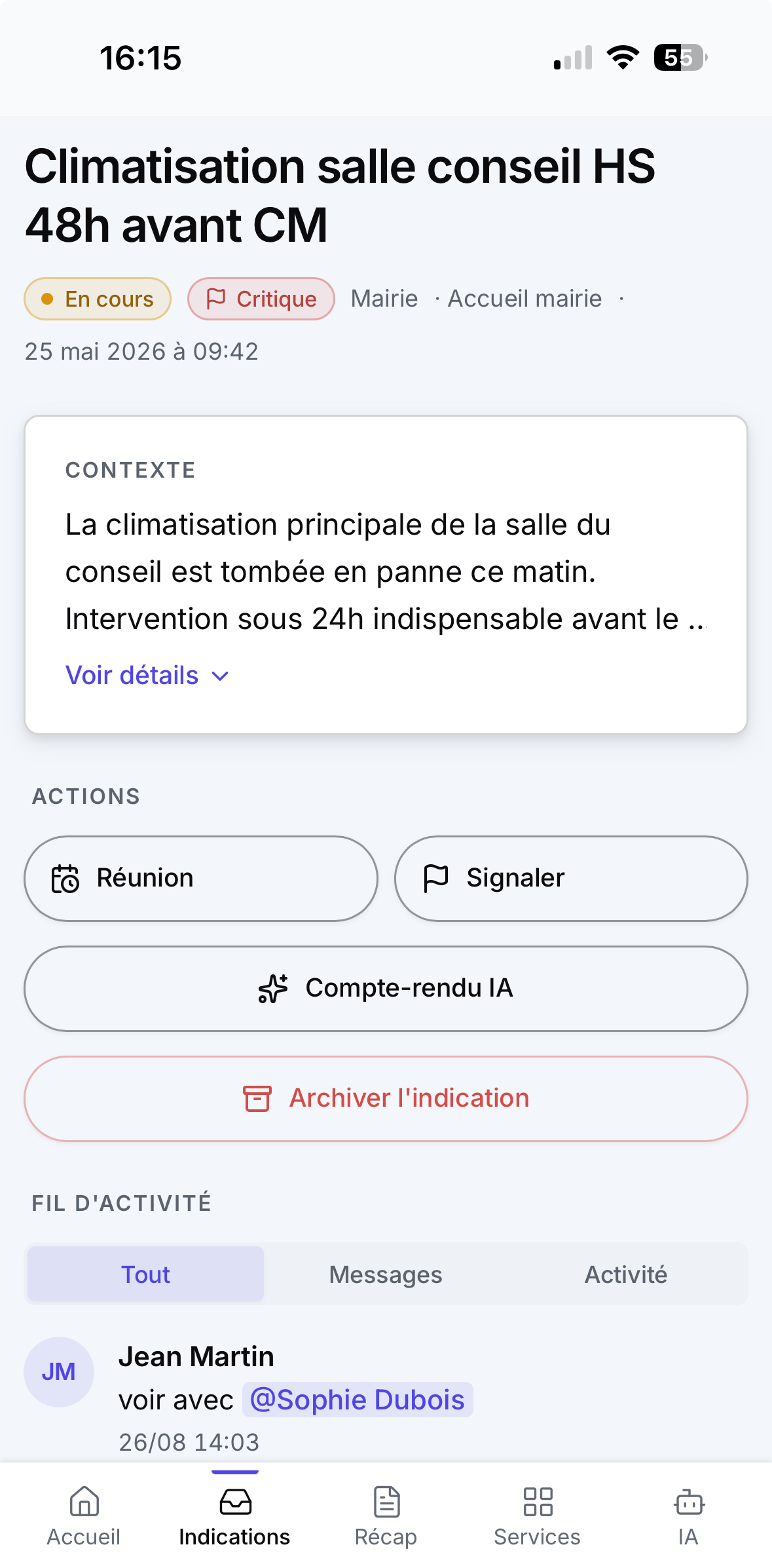 Écran d'une indication dans l'application Indica