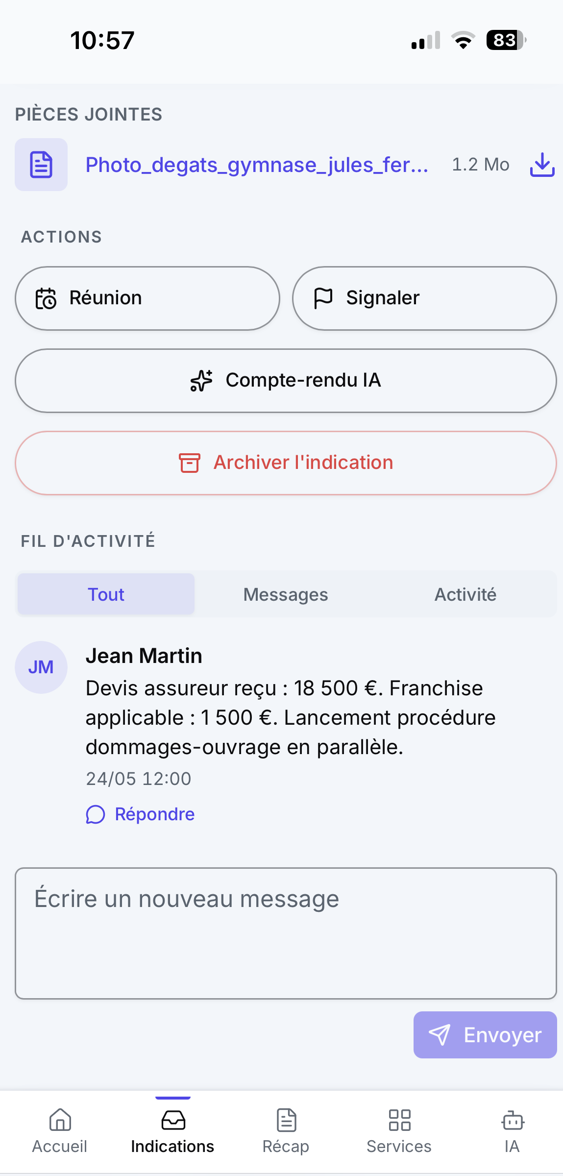 Écran de suivi d'une indication