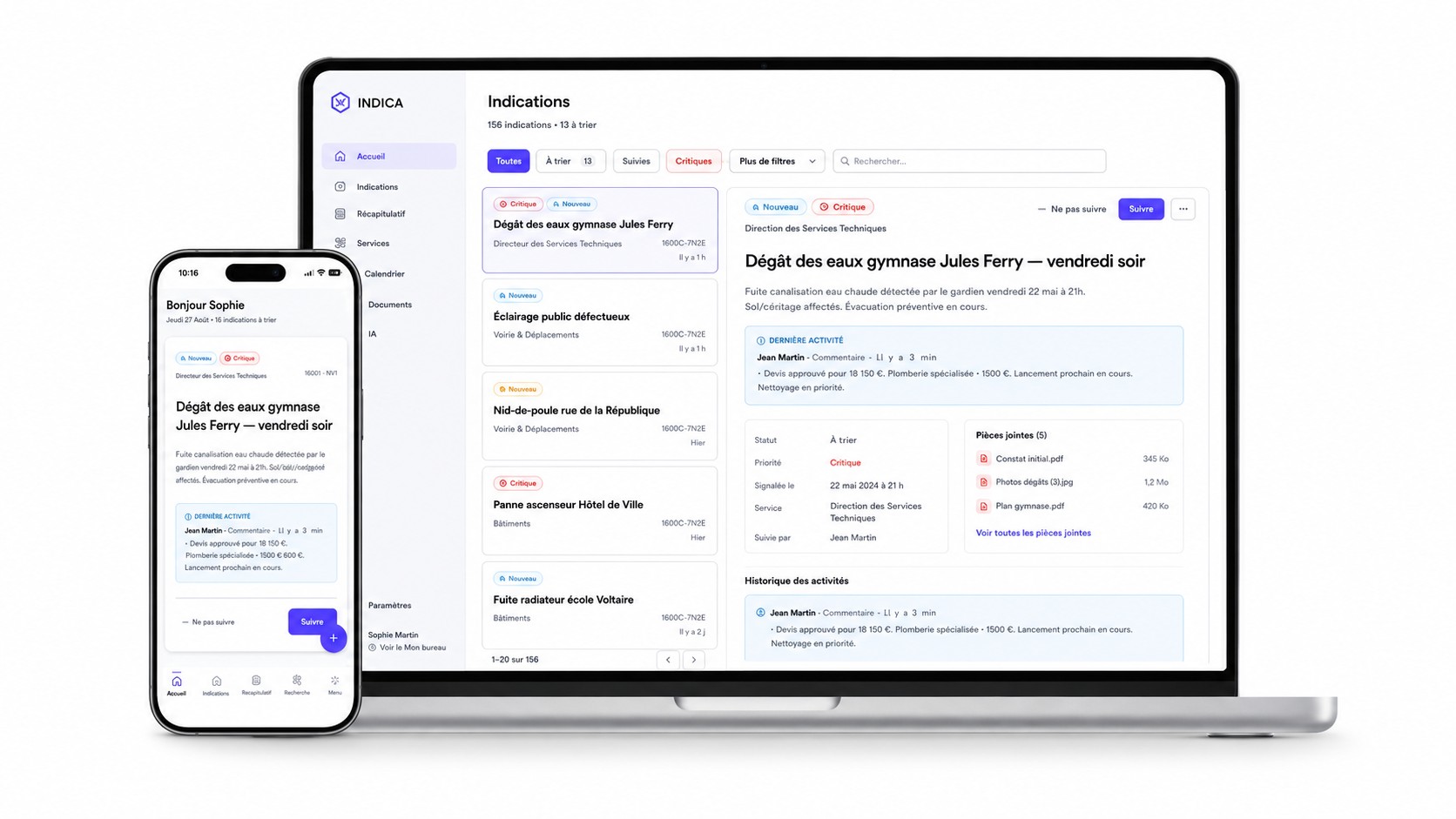 L'application Indica sur smartphone et sur ordinateur, affichant la liste des indications